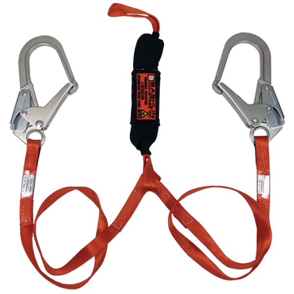 Twin leg climbing lanyard with nylon loop, two large steel ladder snaphooks and BLAN shock