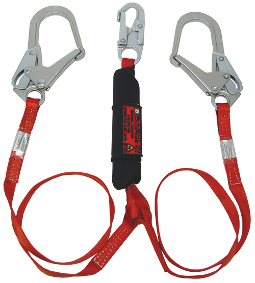 Twin leg climbing lanyard with steel rope snap, two large steel ladder snaphooks and B-LAN shock absorber