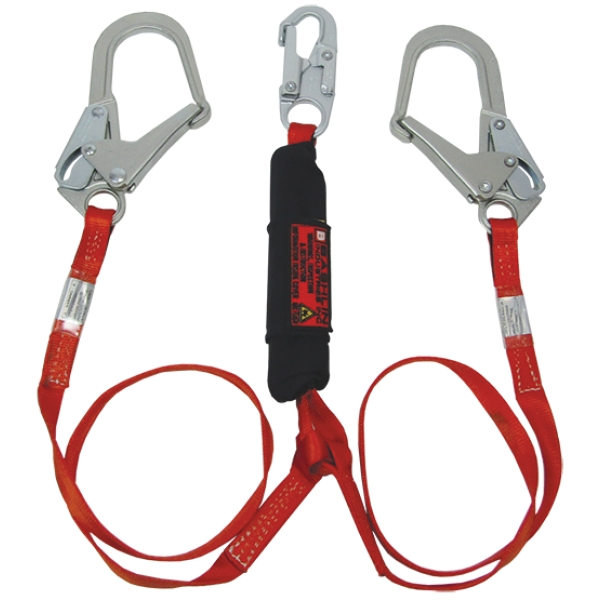 Twin leg climbing lanyard with steel rope snap, two large steel ladder