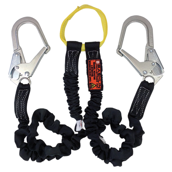 Twin leg tubular nylon "stretch" climbing lanyard with nylon loop, two large steel ladder