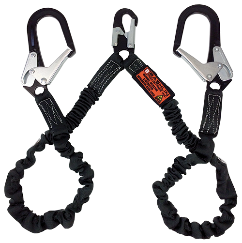 Twin leg tubular nylon "stretch" climbing lanyard with aluminum snap hook, two large aluminum ladder snaphooks and shock absorbing core