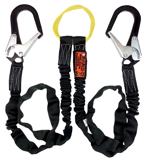 Twin leg tubular nylon climbing lanyard with nylon loop, two large aluminum ladder snaphooks and shock absorbing core
