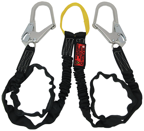 Twin leg tubular nylon climbing lanyard with nylon loop, two large steel ladder snaphooks and shock absorbing core